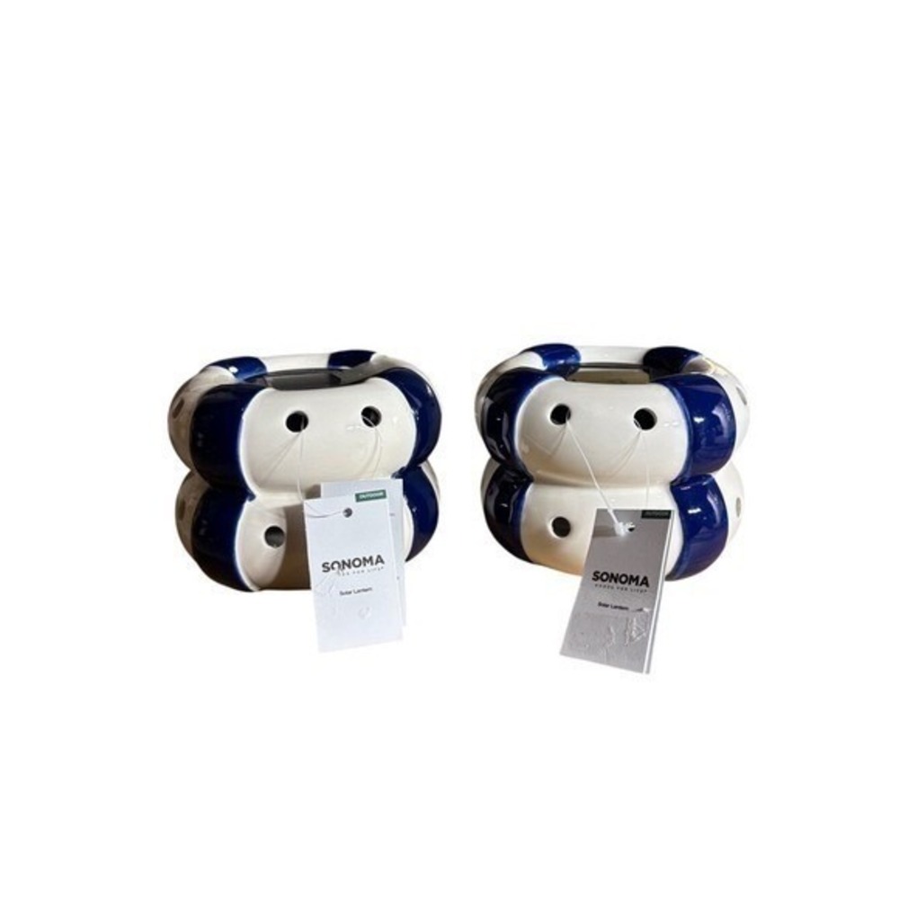 Sonoma Solar Lanterns Summer Tubes set (2) Blue & White Ceramic GIFT NEW